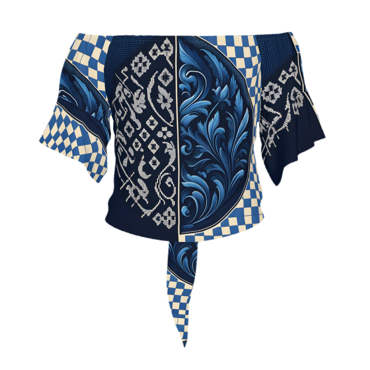 Blue Check One-Shoulder Tie Short Sleeves