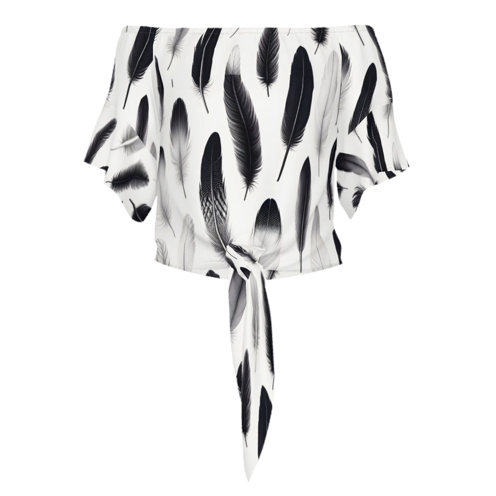 Black And White Feathers One-Shoulder Tie Short Sleeves