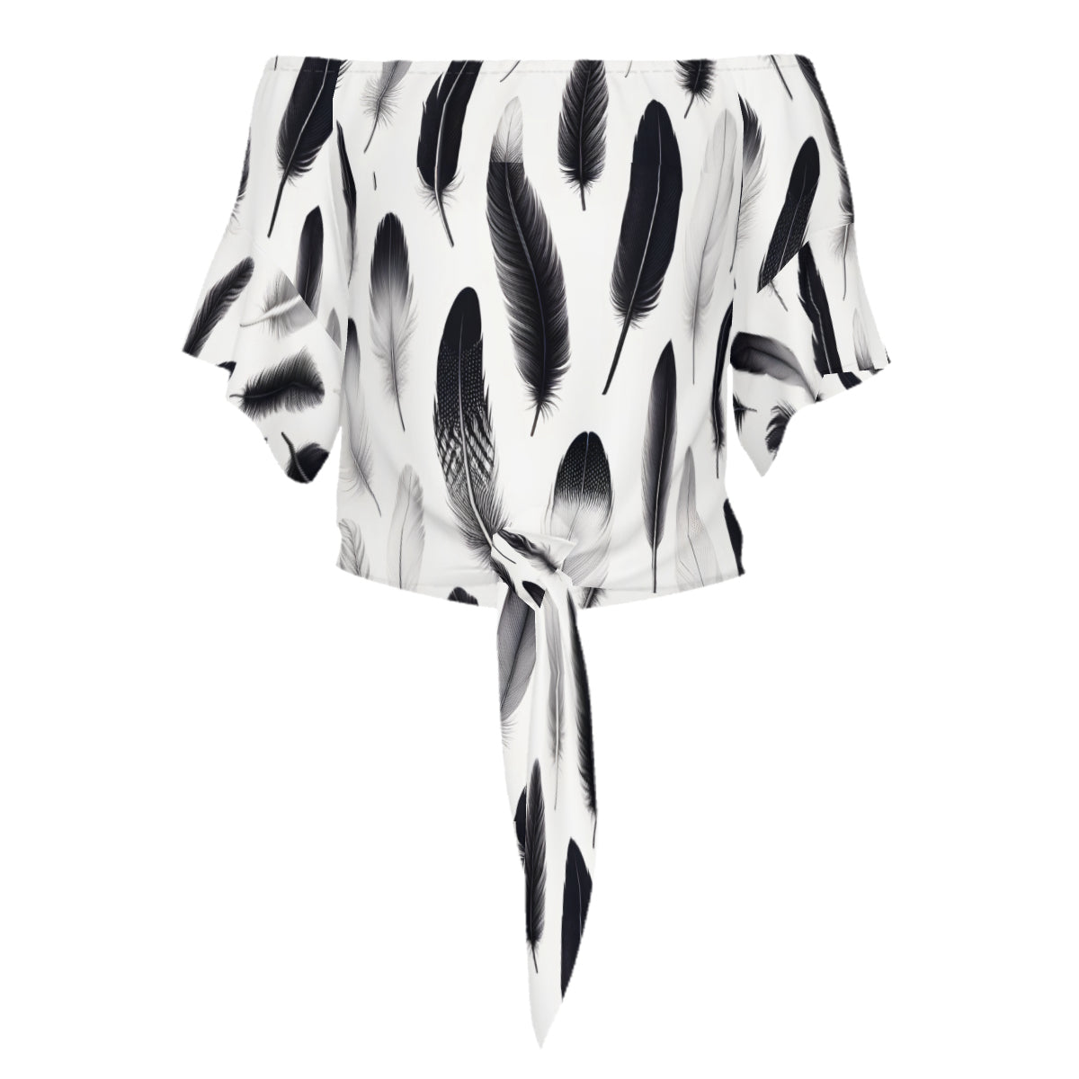 Black And White Feathers One-Shoulder Tie Short Sleeves