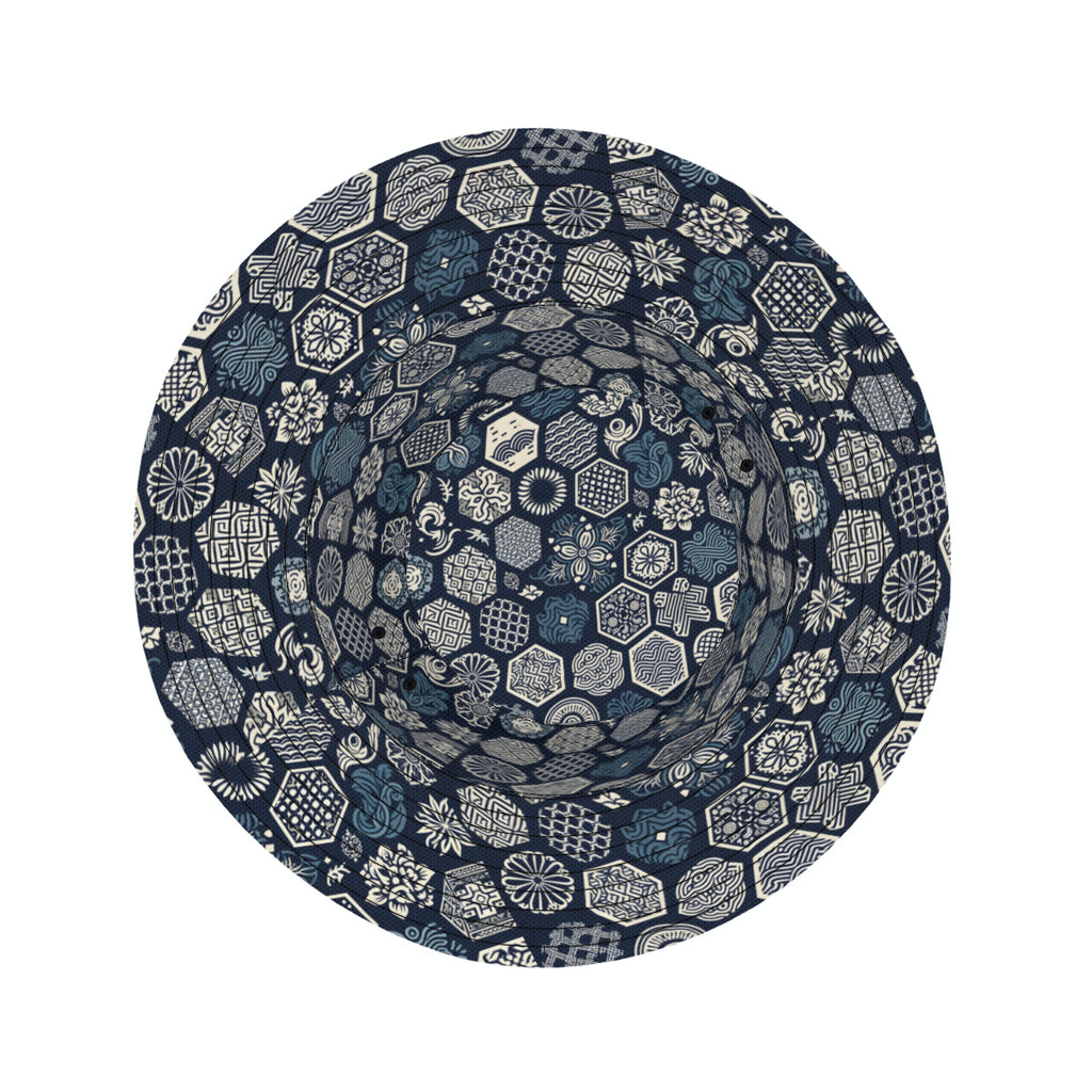 Navy Blue Geometric Shapes Double-Sided Unisex Polyester Bucket Hat