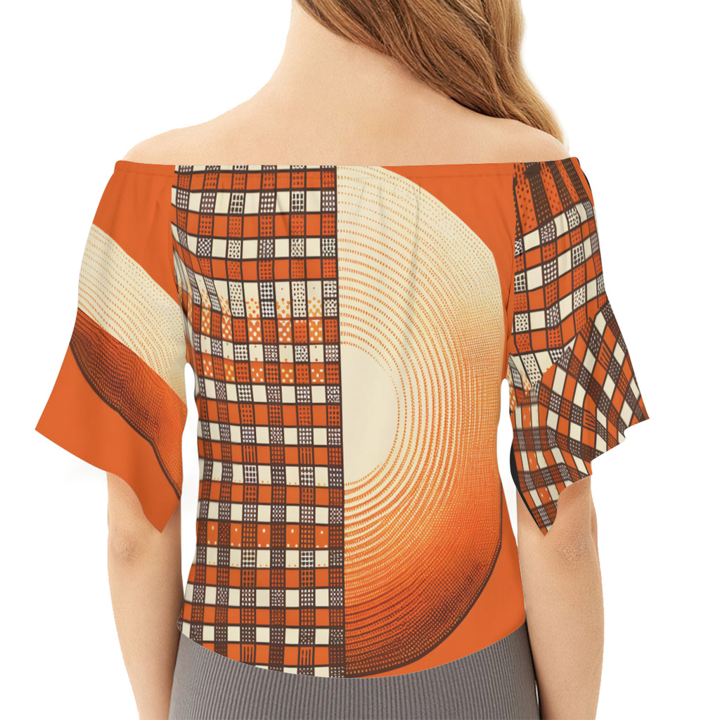 Orange Check One-Shoulder Tie Short Sleeves
