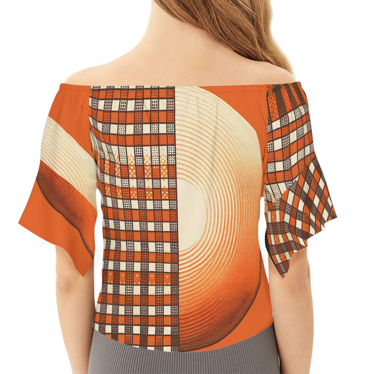 Orange Check One-Shoulder Tie Short Sleeves