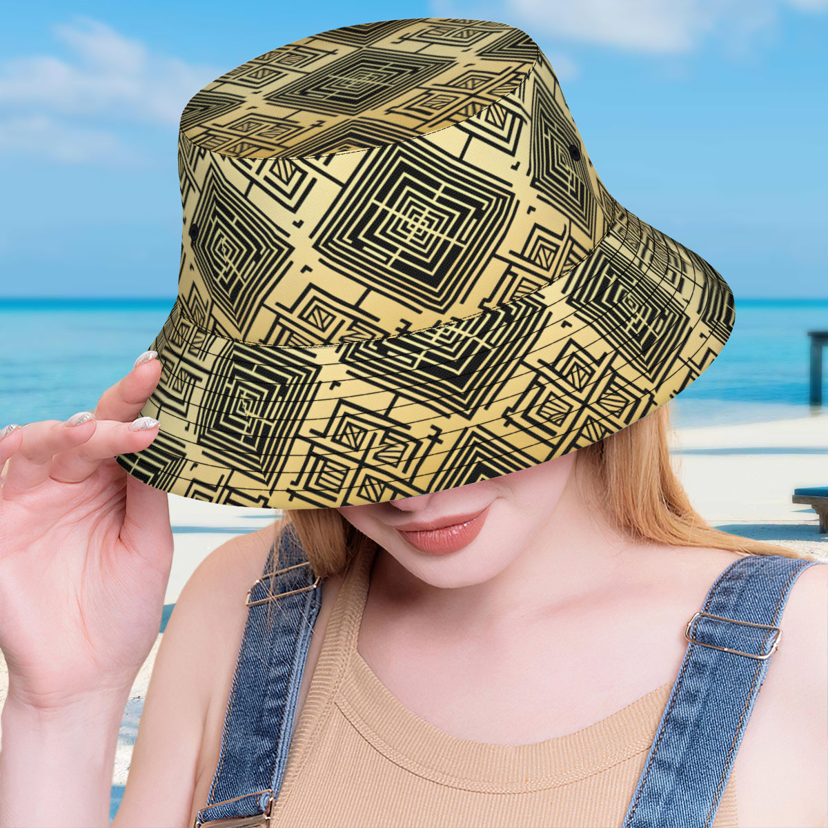 Golden Geometric Shapes Double-Sided Unisex Polyester Bucket Hat