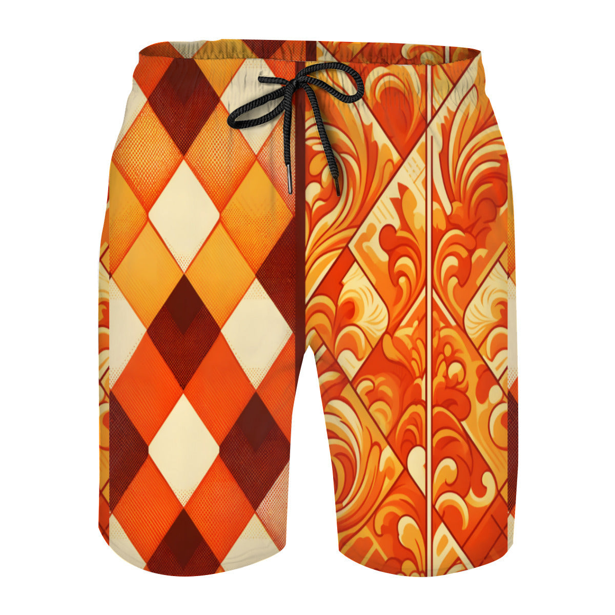 Orange Check Men's Beach Shorts (Not Mesh Lined) | Polyester