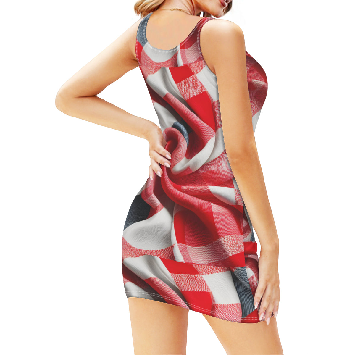 Red Check Swirl Style Sleeveless Slim-Fit Euro-Size Tank Slip Dress | Polyester