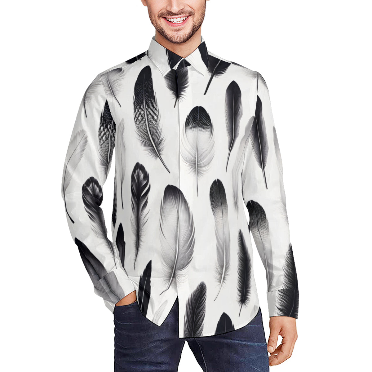 Black And White Feather Long Sleeves Men's Shirt