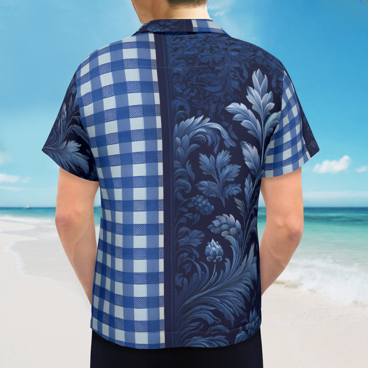 Blue Check Floral Short Sleeves Men's Shirt