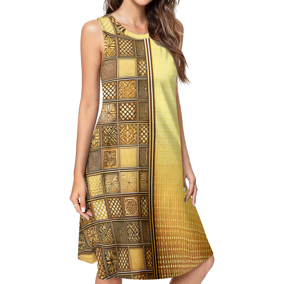 Golden Check Women's Casual Dress | Polyester