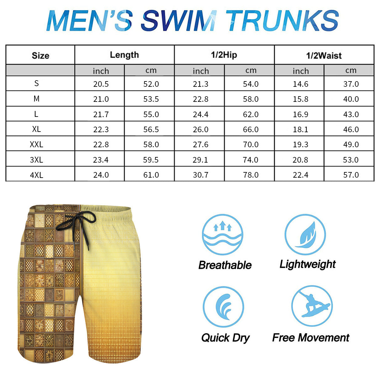 Check Gold Men's Beach Shorts (Not Mesh Lined) | Polyester