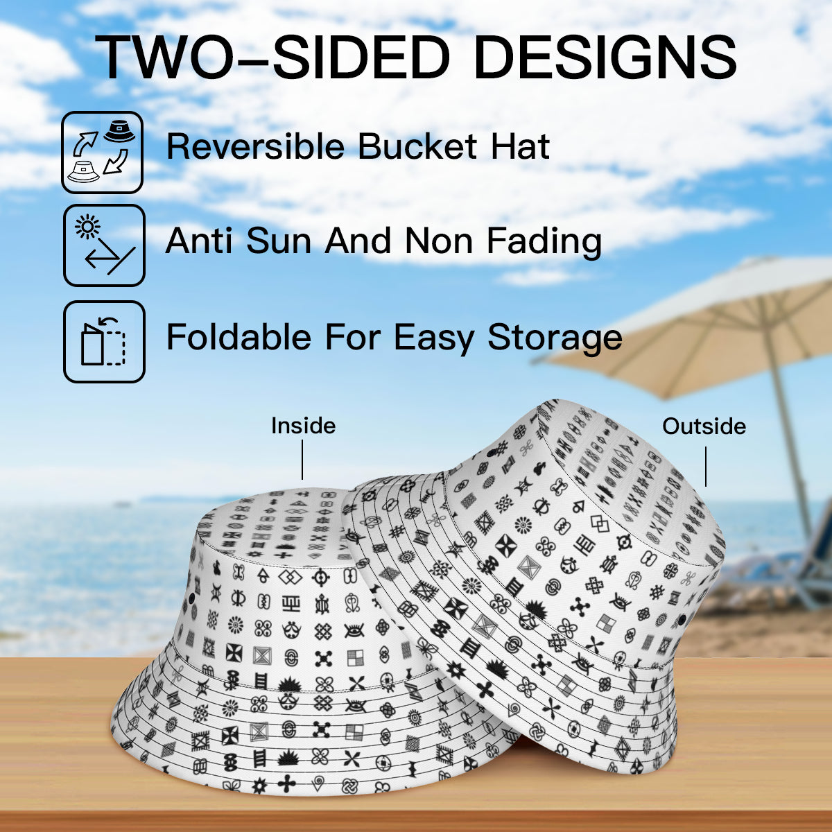 Adinkra Sysmbols Double-Sided Unisex Polyester Bucket Hat