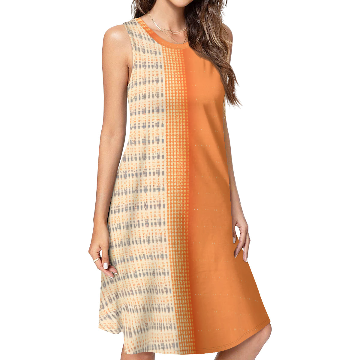 Orange Check Women's Casual Dress | Polyester