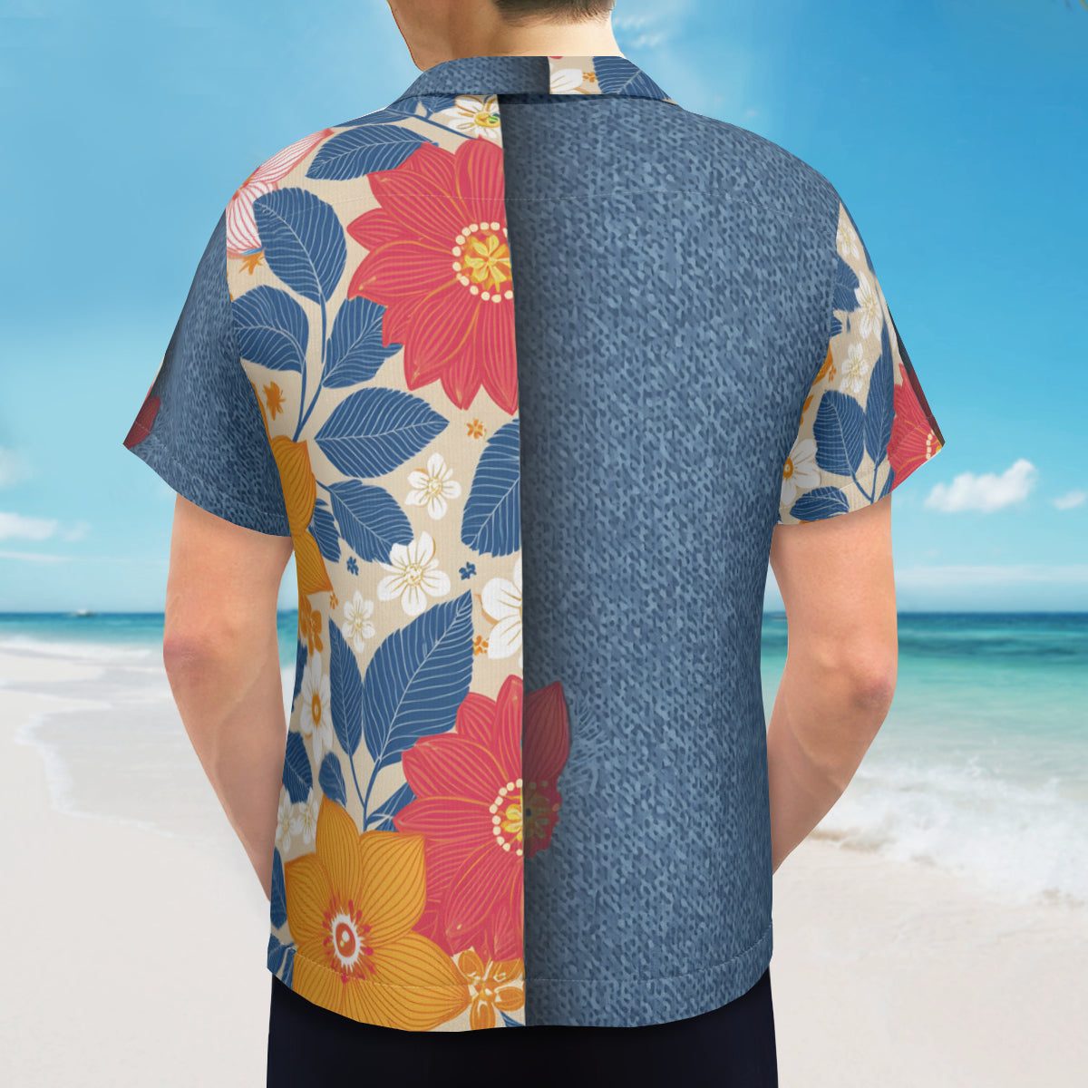 Floral Denim Short Sleeves Men's Shirt - No Chest Pocket