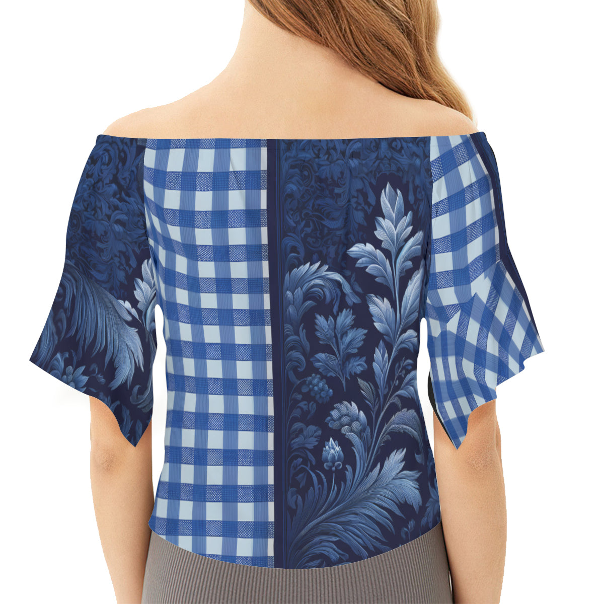 Blue Check Women's One-shoulder Tie Short Sleeves | Polyester