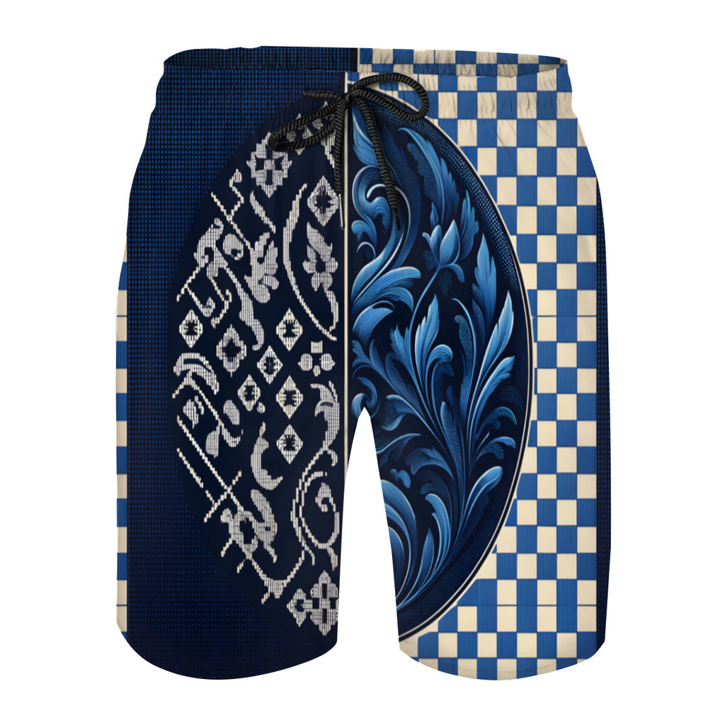 Blue Check Men's Beach Shorts (Not Mesh Lined) | Polyester