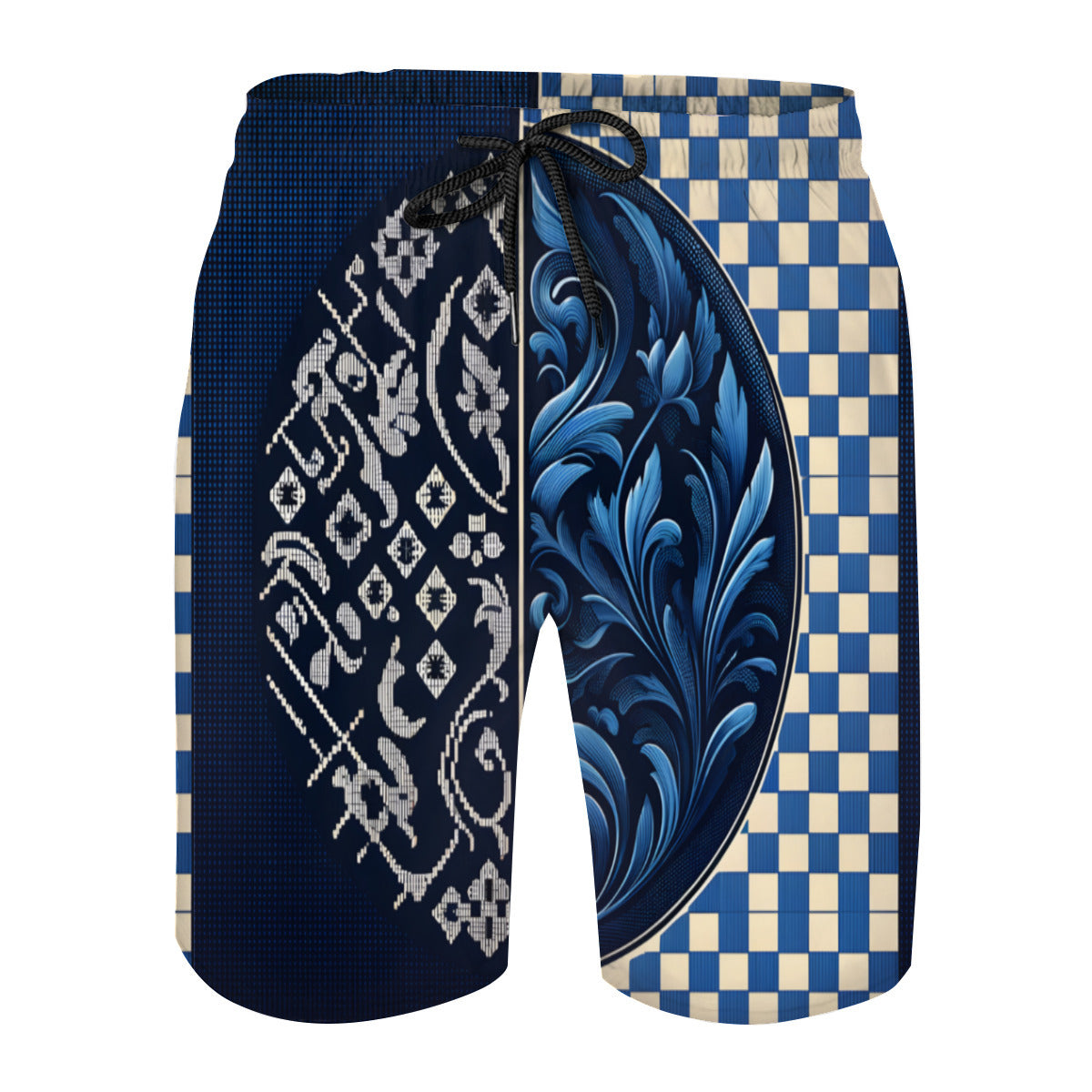 Blue Check Men's Beach Shorts (Not Mesh Lined) | Polyester