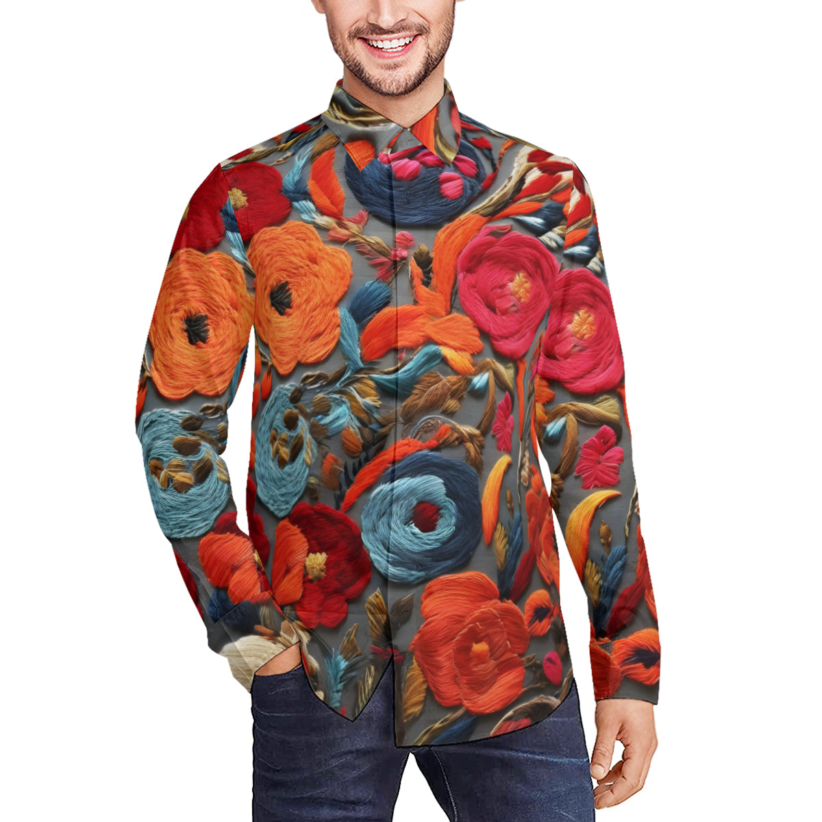 Floral Men's Classic Long-Sleeved Shirt | Polyester