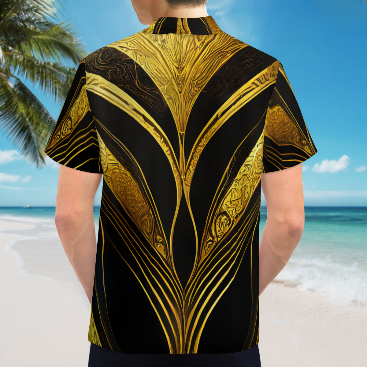 Elegant Black And Gold Short Sleeves Men's Shirt