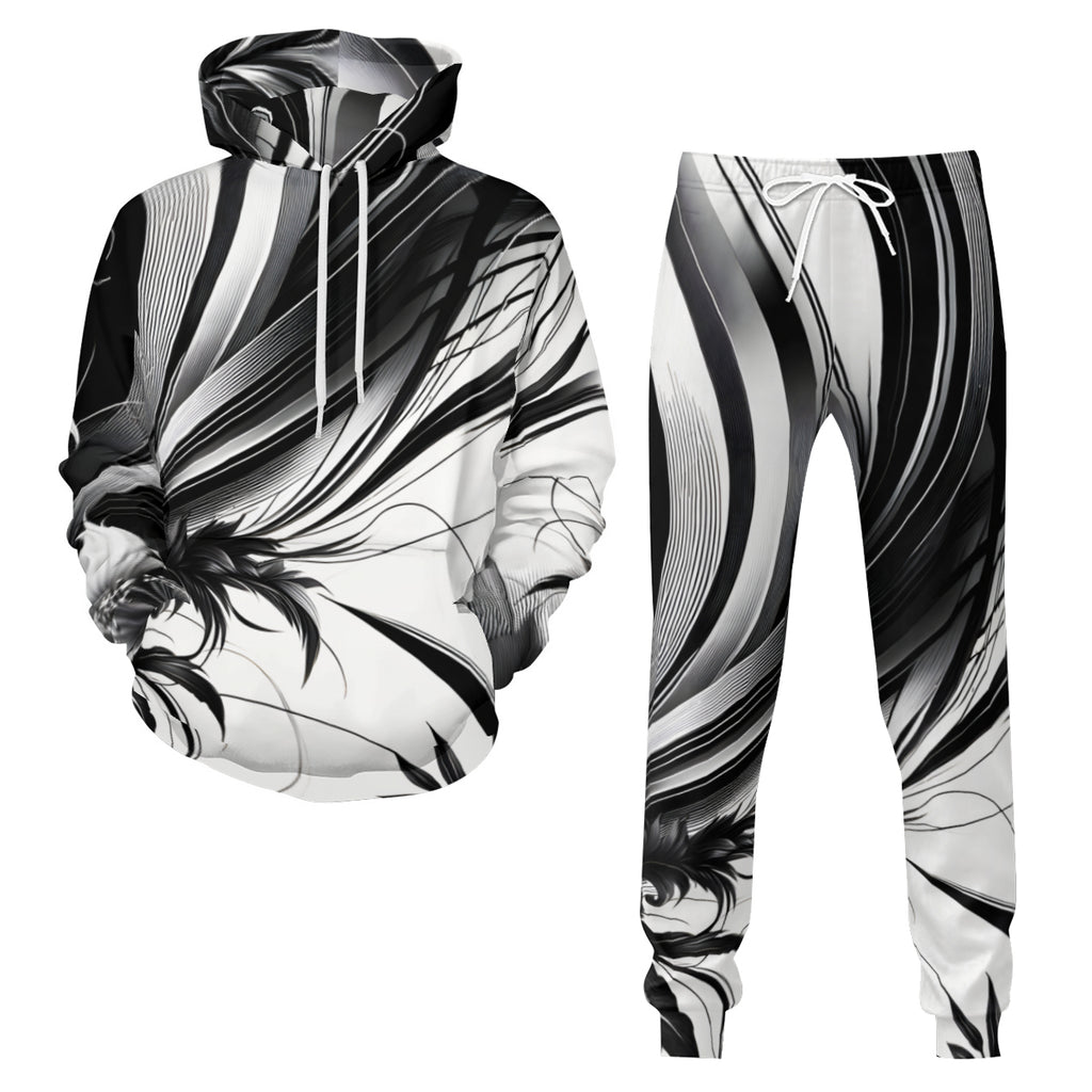 Floral Black And White Men's Adult Hoodie Set (Double-Layer Hood) | Health Fabric