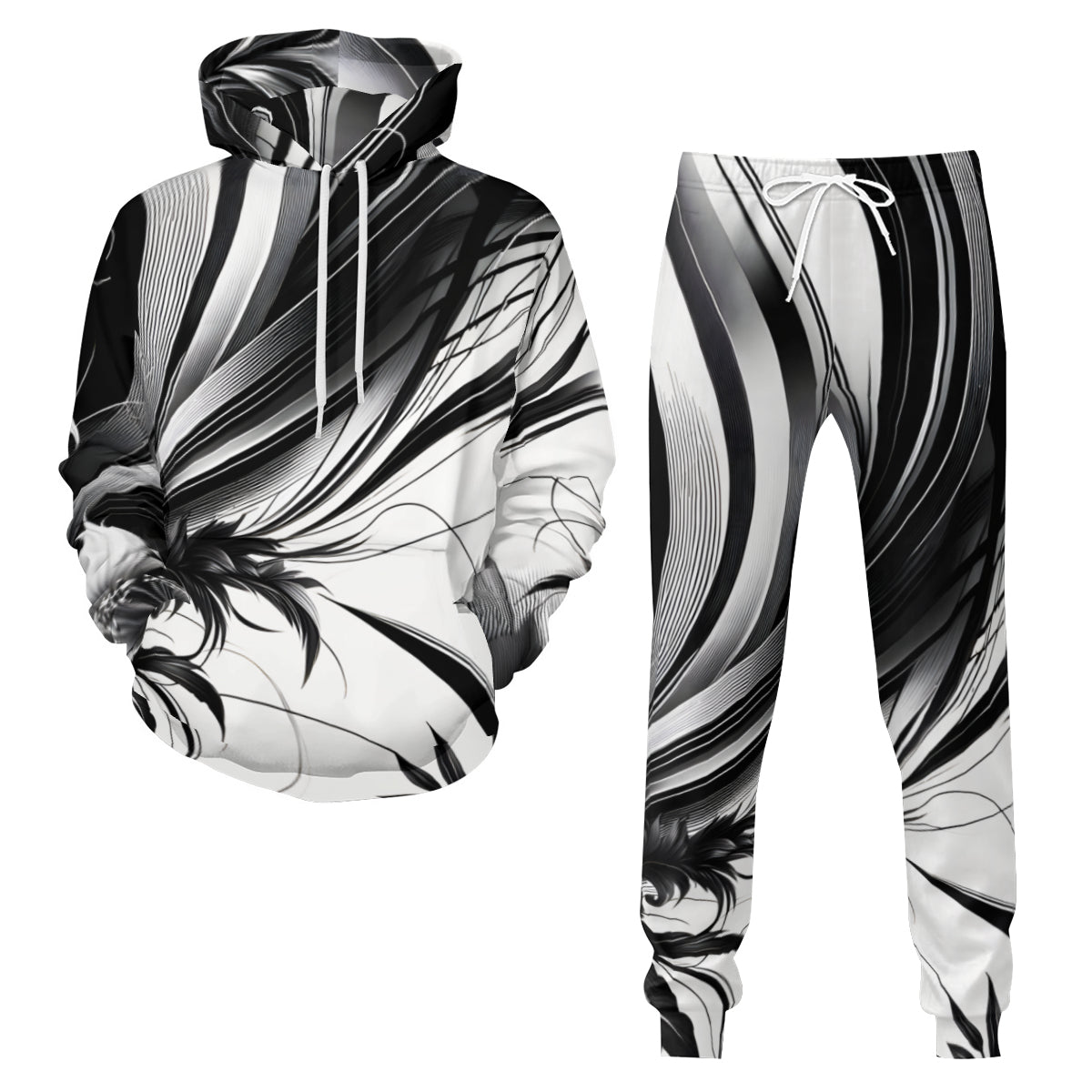 Floral Black And White Men's Adult Hoodie Set (Double-Layer Hood) | Health Fabric