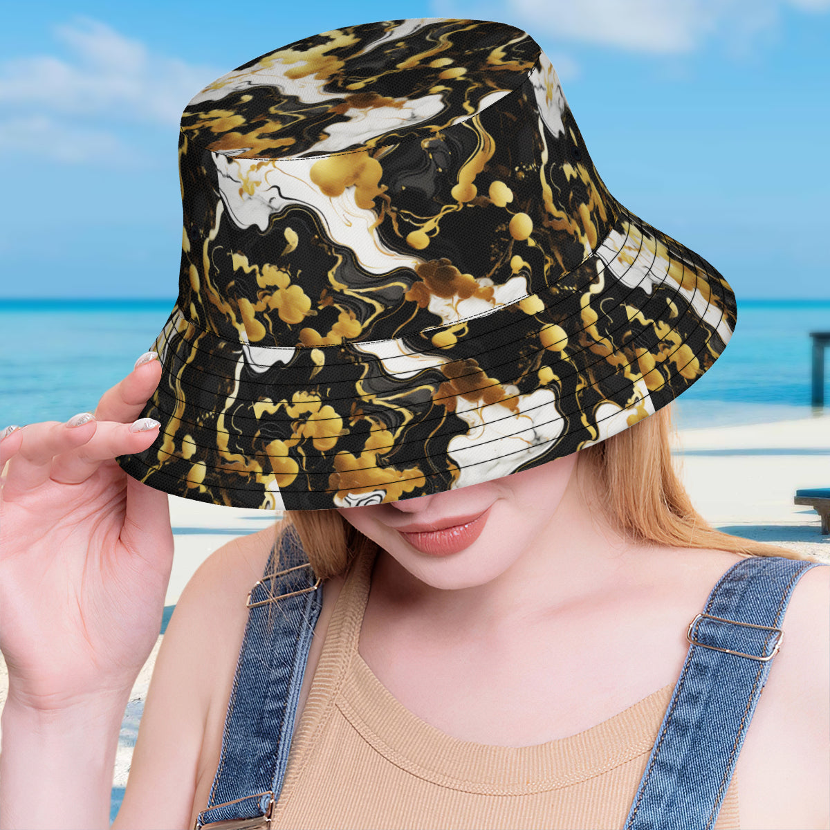 Marble Gold Black Double-Sided Unisex Polyester Bucket Hat