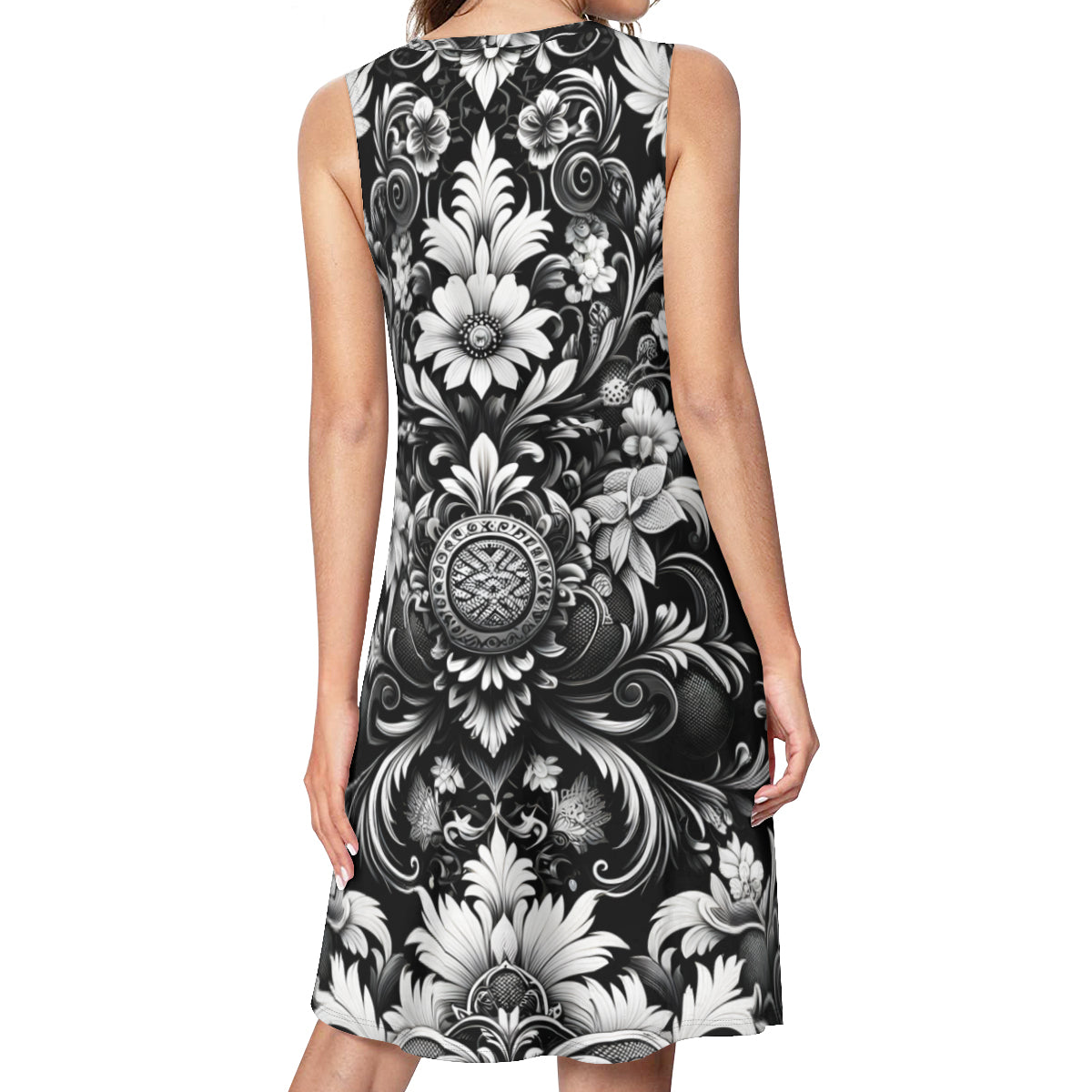 Black and White Floral Women's Casual Dress | Polyester