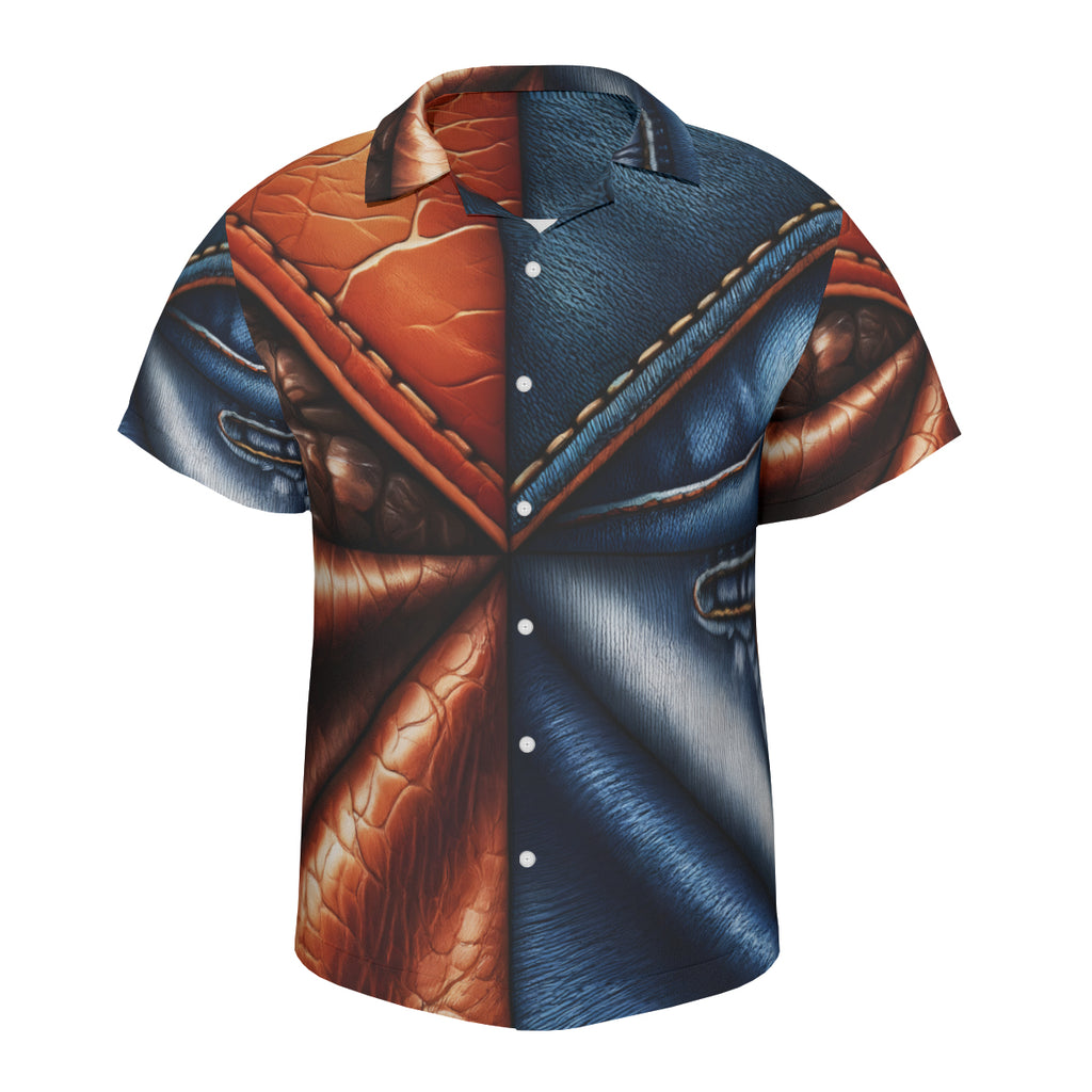 Denim And Leather Design Short Sleeves Men's Shirt