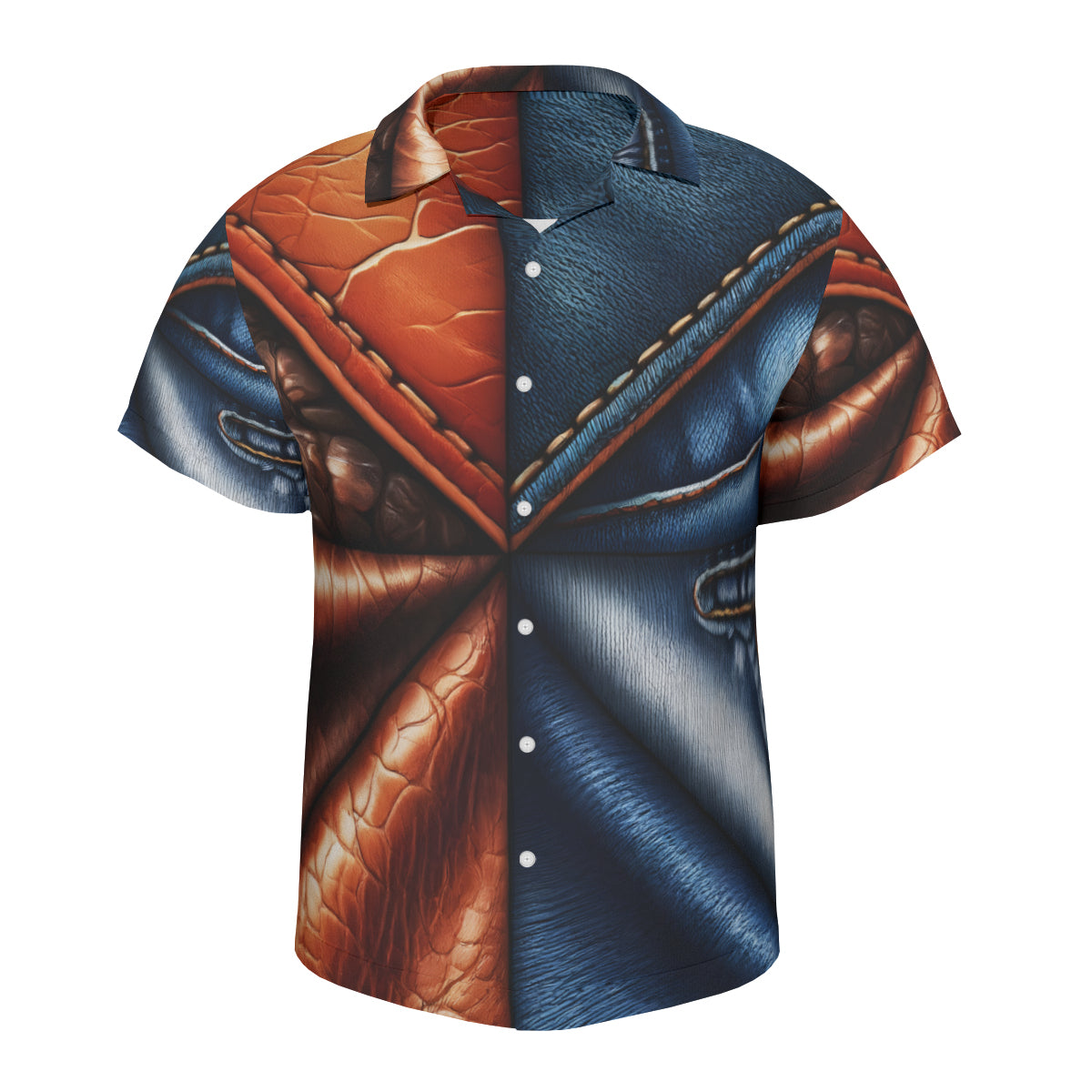 Denim And Leather Design Short Sleeves Men's Shirt