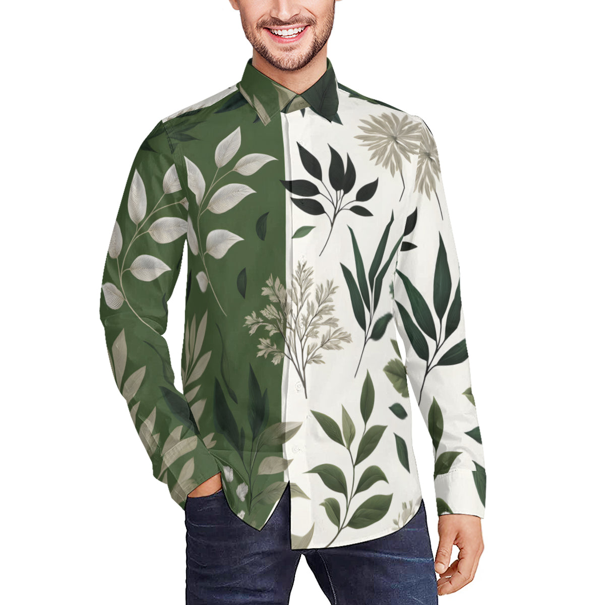 Olive Green Botanical Long Sleeves Men's Shirt
