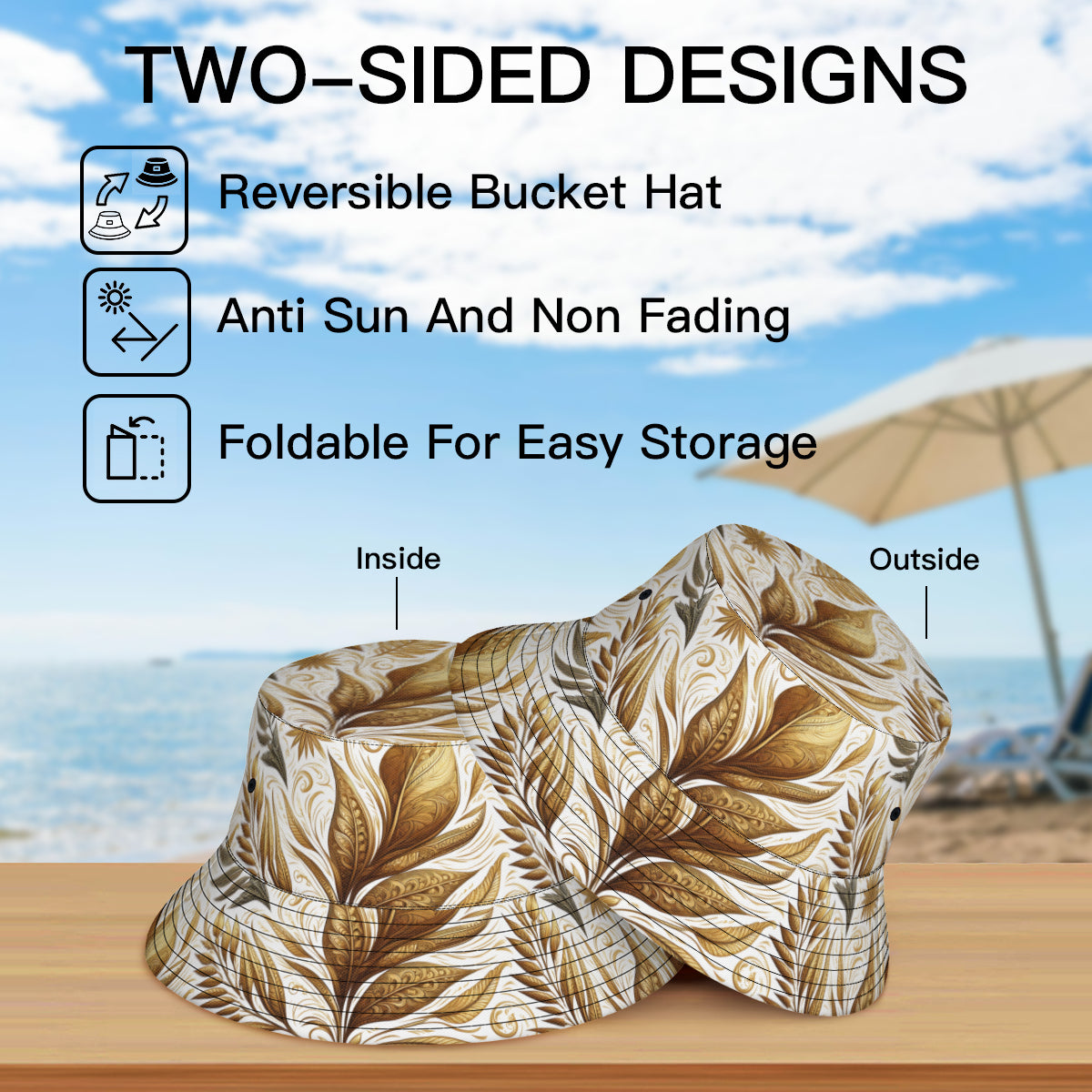 Golden Feathers Double-Sided Unisex Polyester Bucket Hat