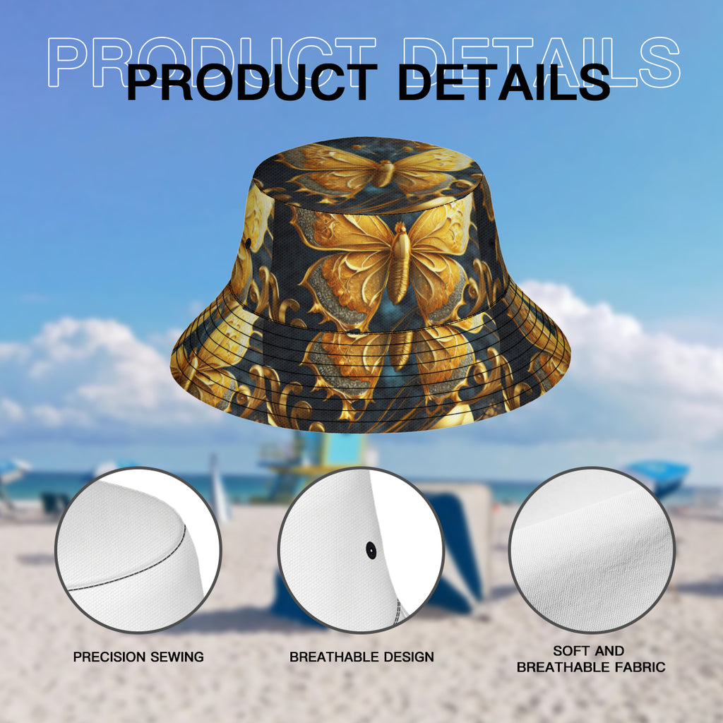 Golden Butterfly Double-Sided Unisex Polyester Bucket Hat