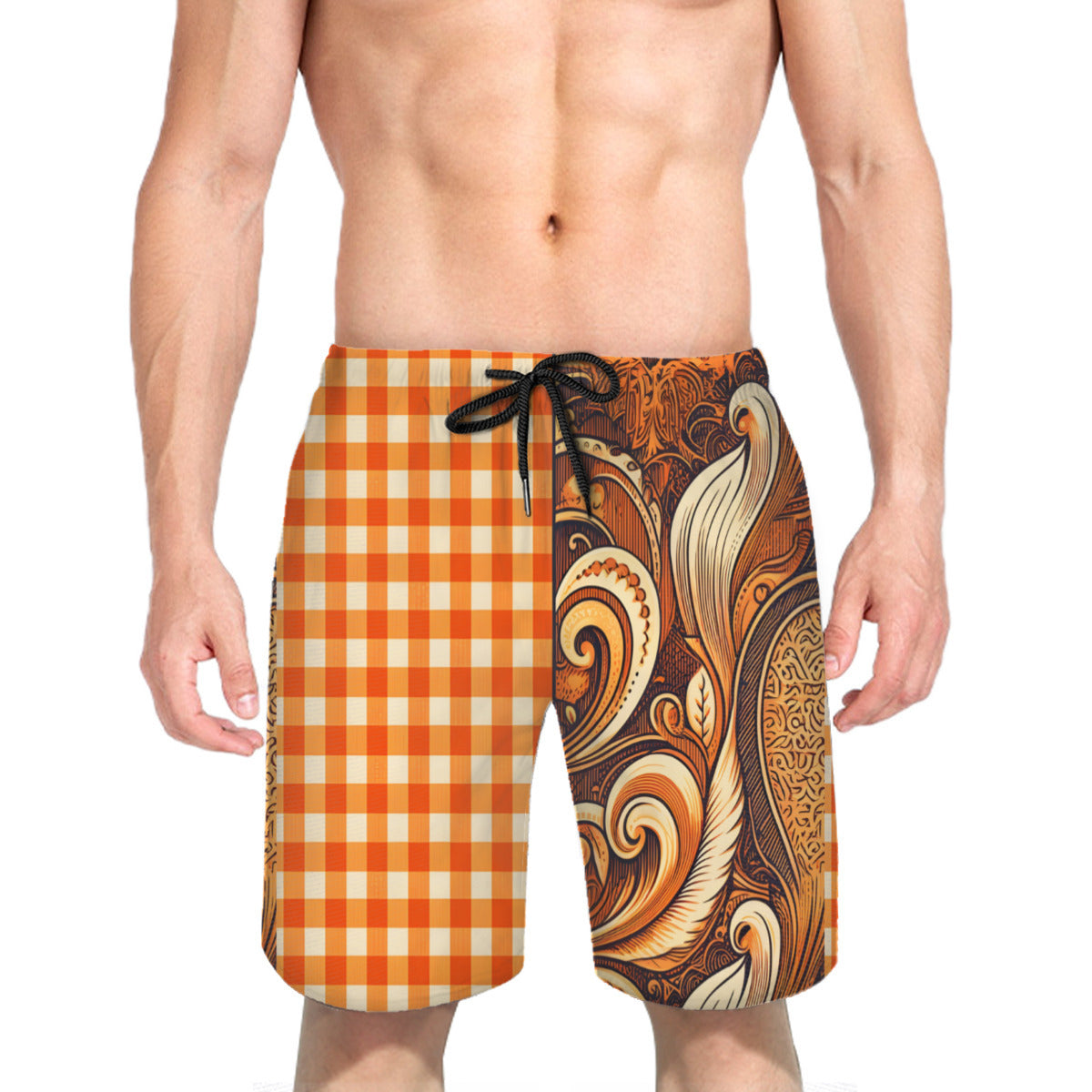 Orange Check Men's Beach Shorts (Not Mesh Lined) | Polyester