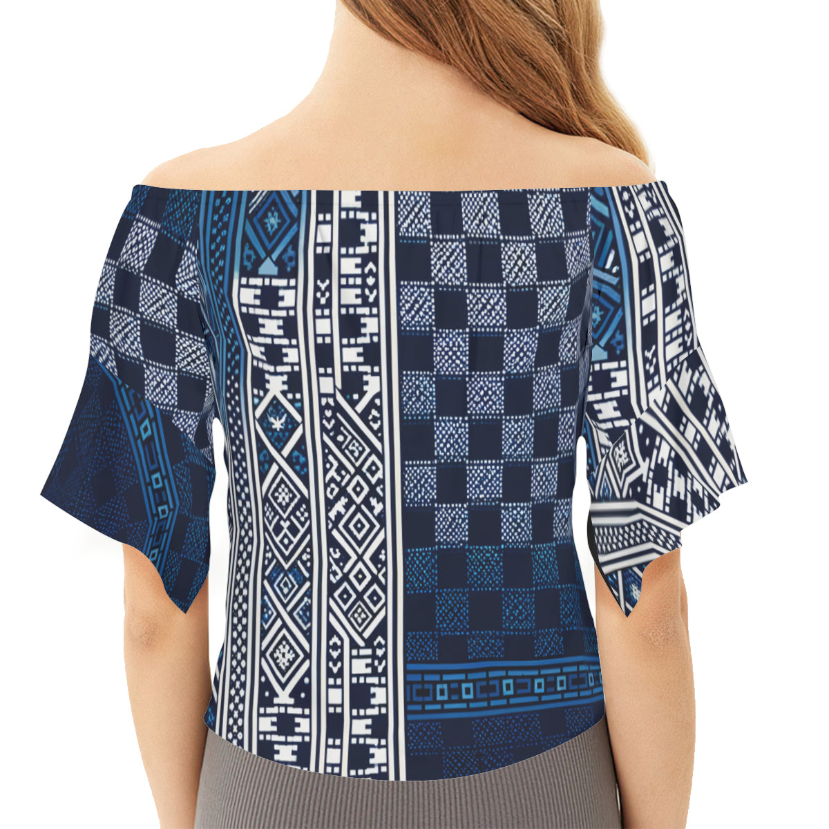Blue Check One-Shoulder Tie Short Sleeves