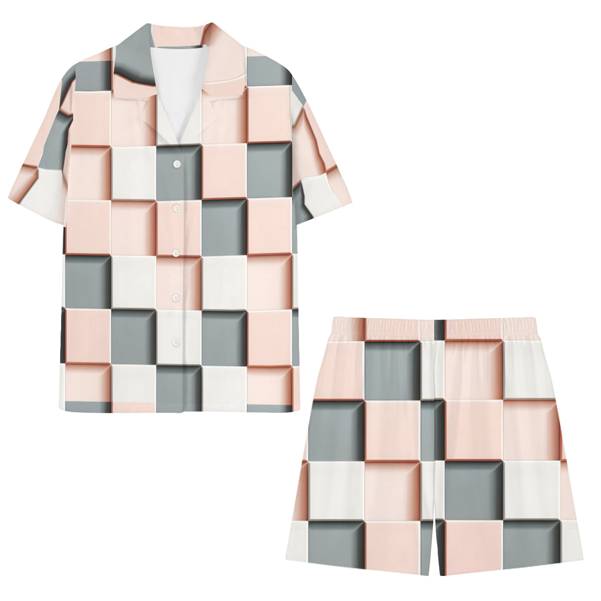 Abstract Square Casual Shirt and Shorts (Multi-faceted Design) | Cotton-Like Polyester