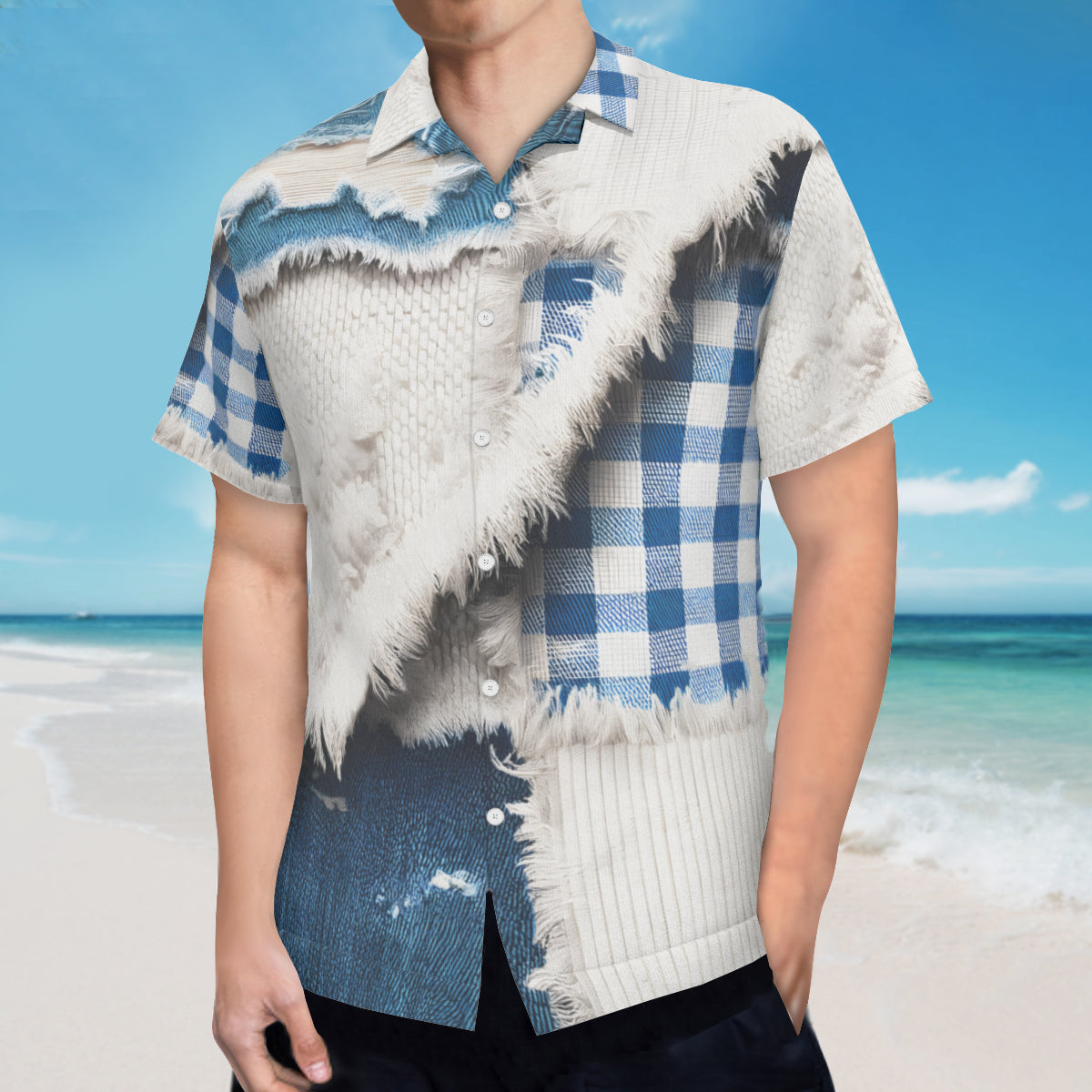 Textured Denim Pattern Short Sleeves Men's Shirt