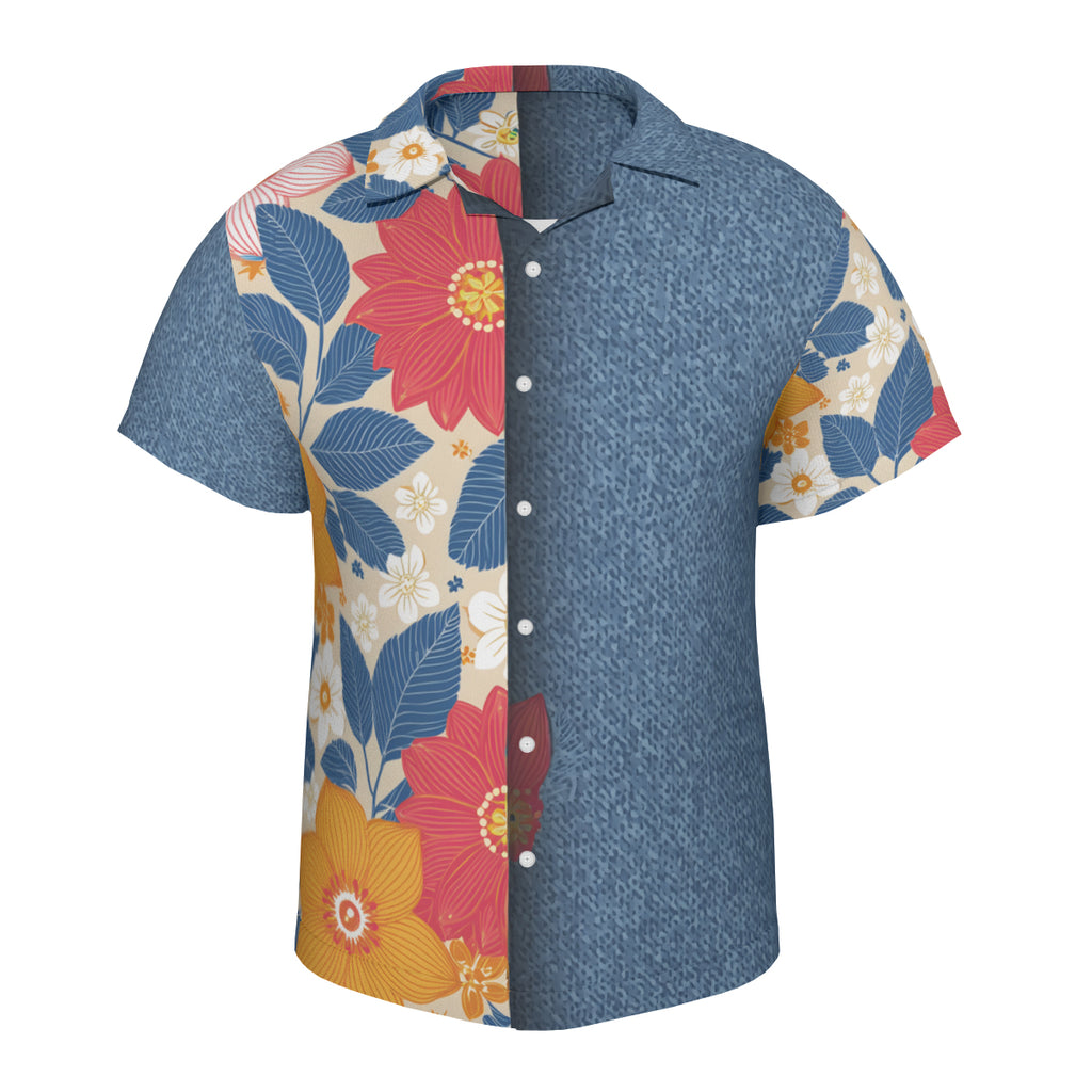 Floral Denim Short Sleeves Men's Shirt - No Chest Pocket