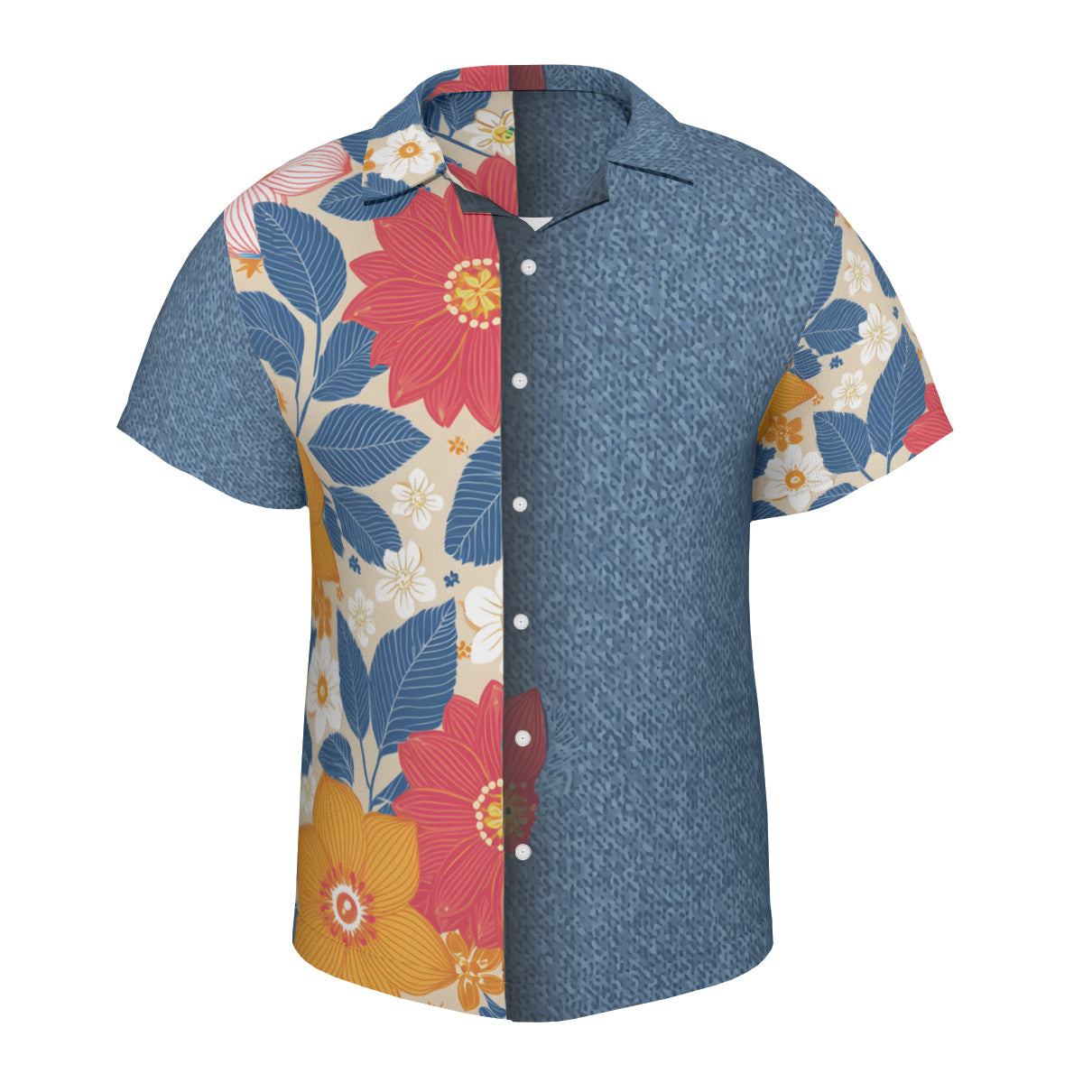 Floral Denim Short Sleeves Men's Shirt - No Chest Pocket