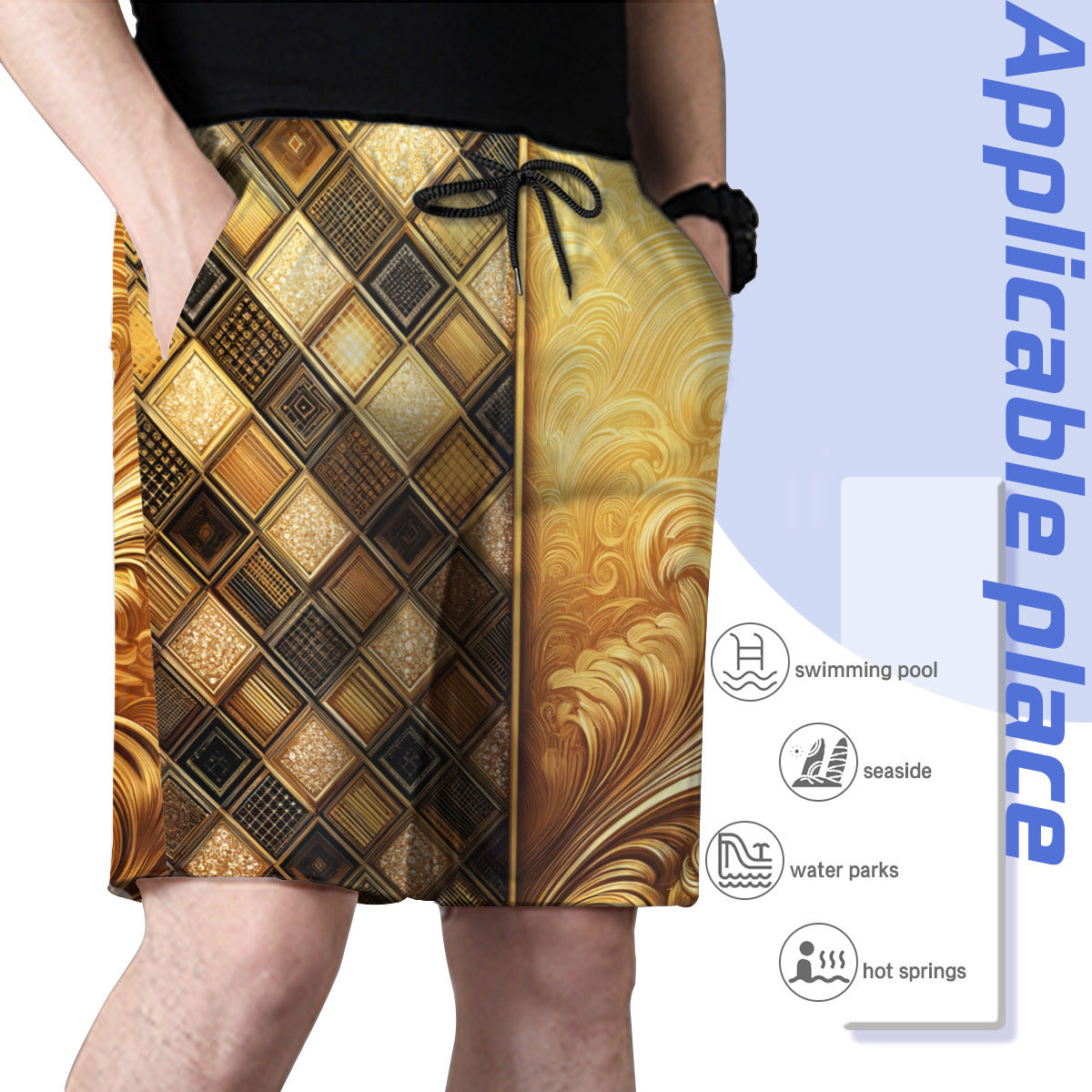 Elegant Gold Men's Beach Shorts (Not Mesh Lined) | Polyester