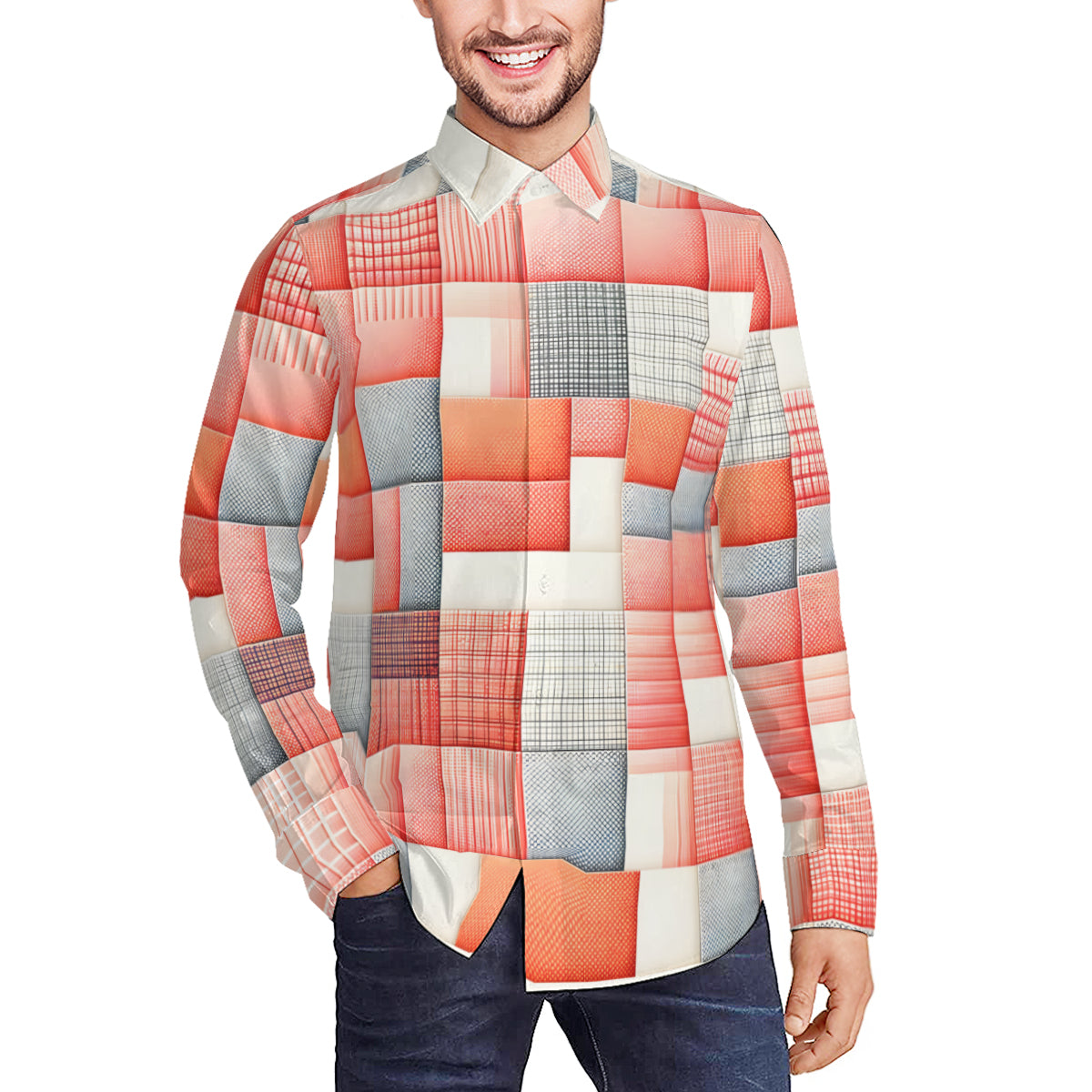 Pink Check  Men's Classic Long-Sleeved Shirt | Polyester