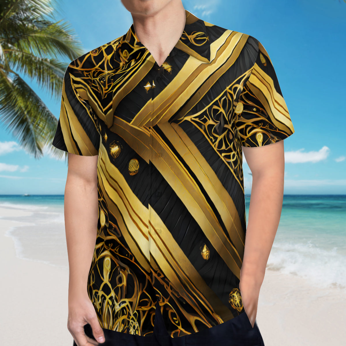 Elegant Black And Gold Short Sleeves Men's Shirt