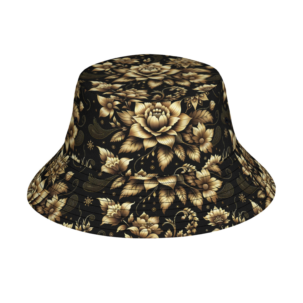 Gold Flowers Double-Sided Unisex Polyester Bucket Hat