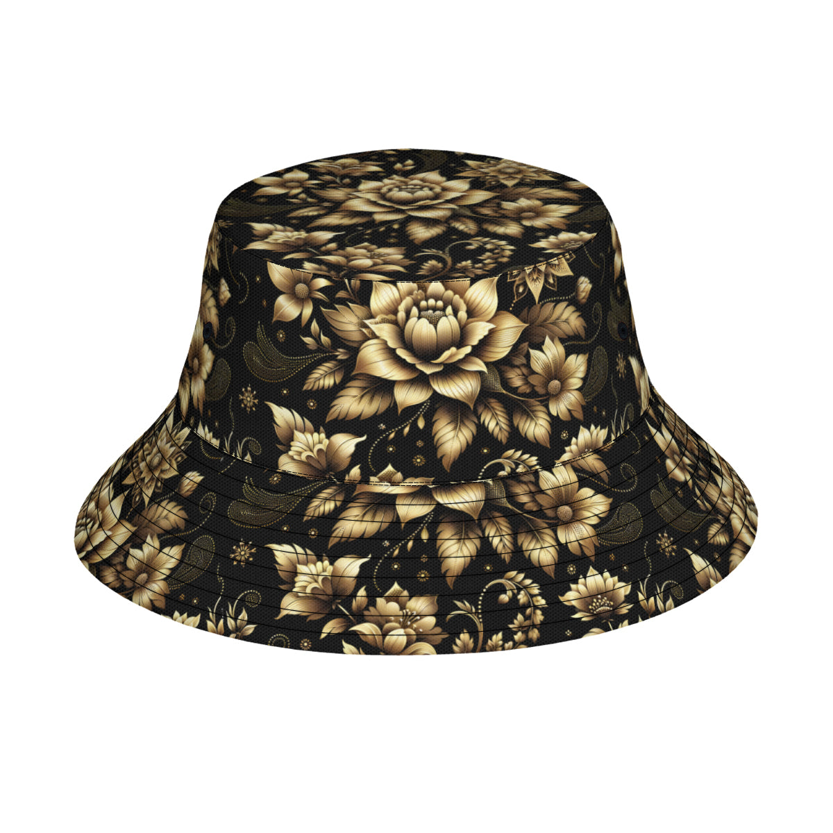 Gold Flowers Double-Sided Unisex Polyester Bucket Hat