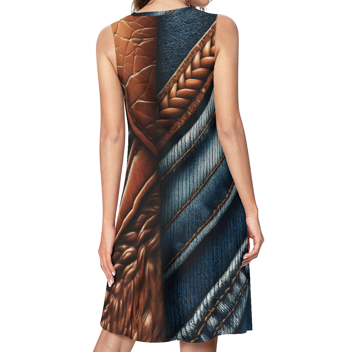 Denim Leather Design Women's Casual Dress | Polyester