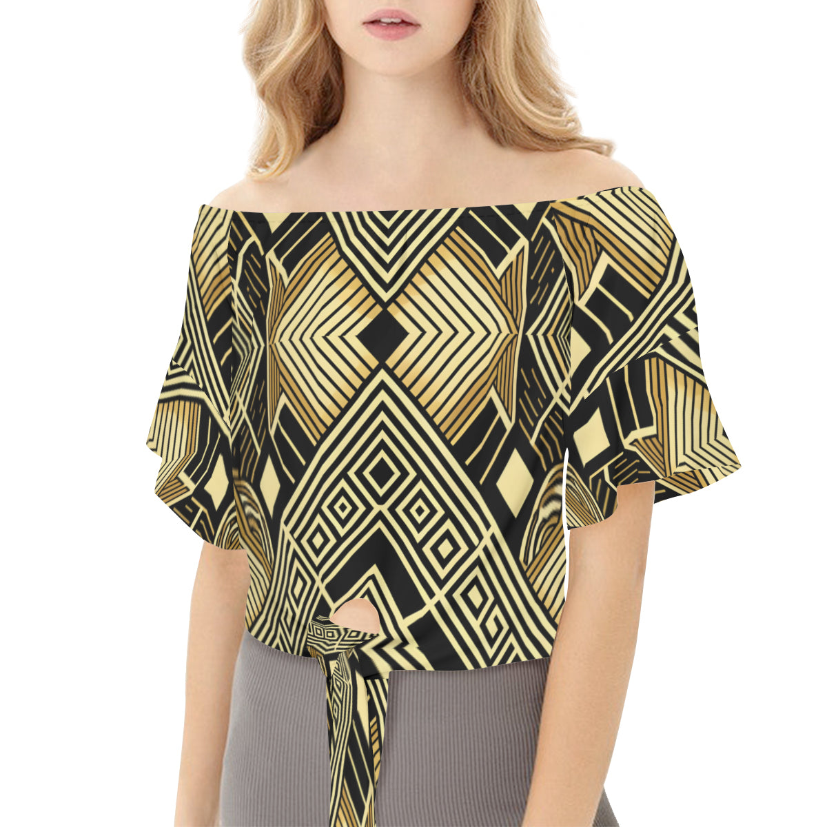 Golden Geometric Shapes Women's One-Shoulder Tie Short Sleeves Polyester Top