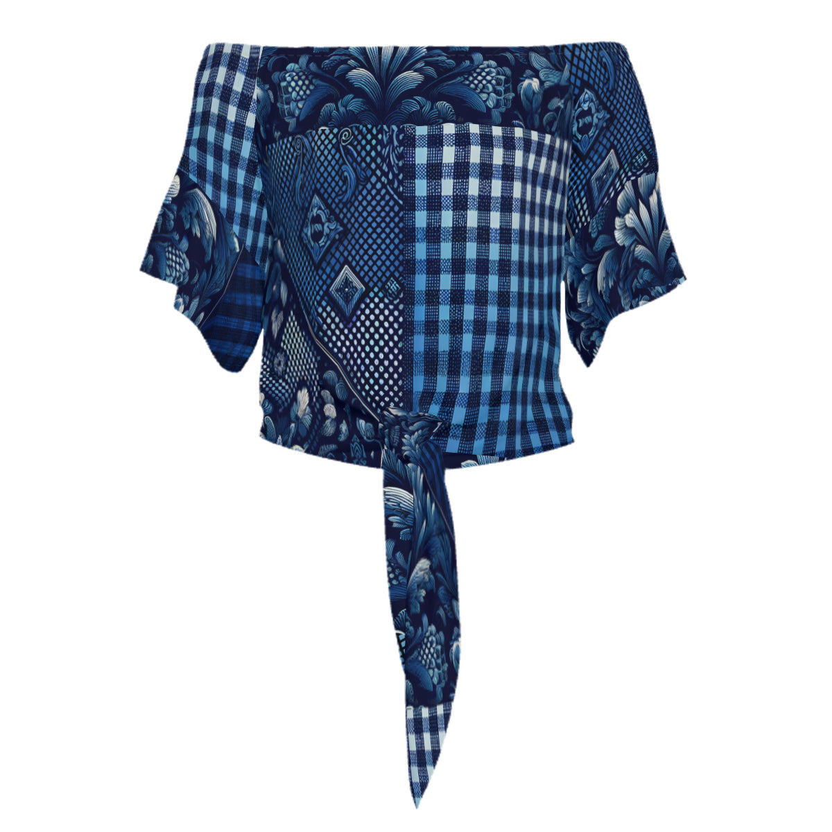 Blue Check One-Shoulder Tie Short Sleeves