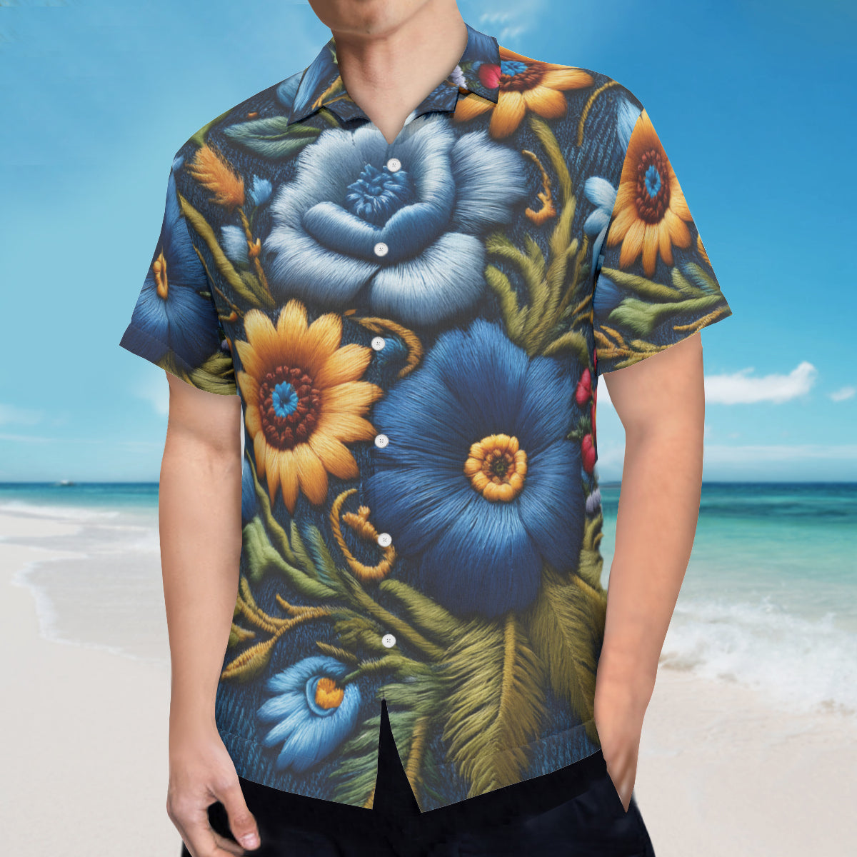 Floral Denim Short Sleeves Men's Shirt