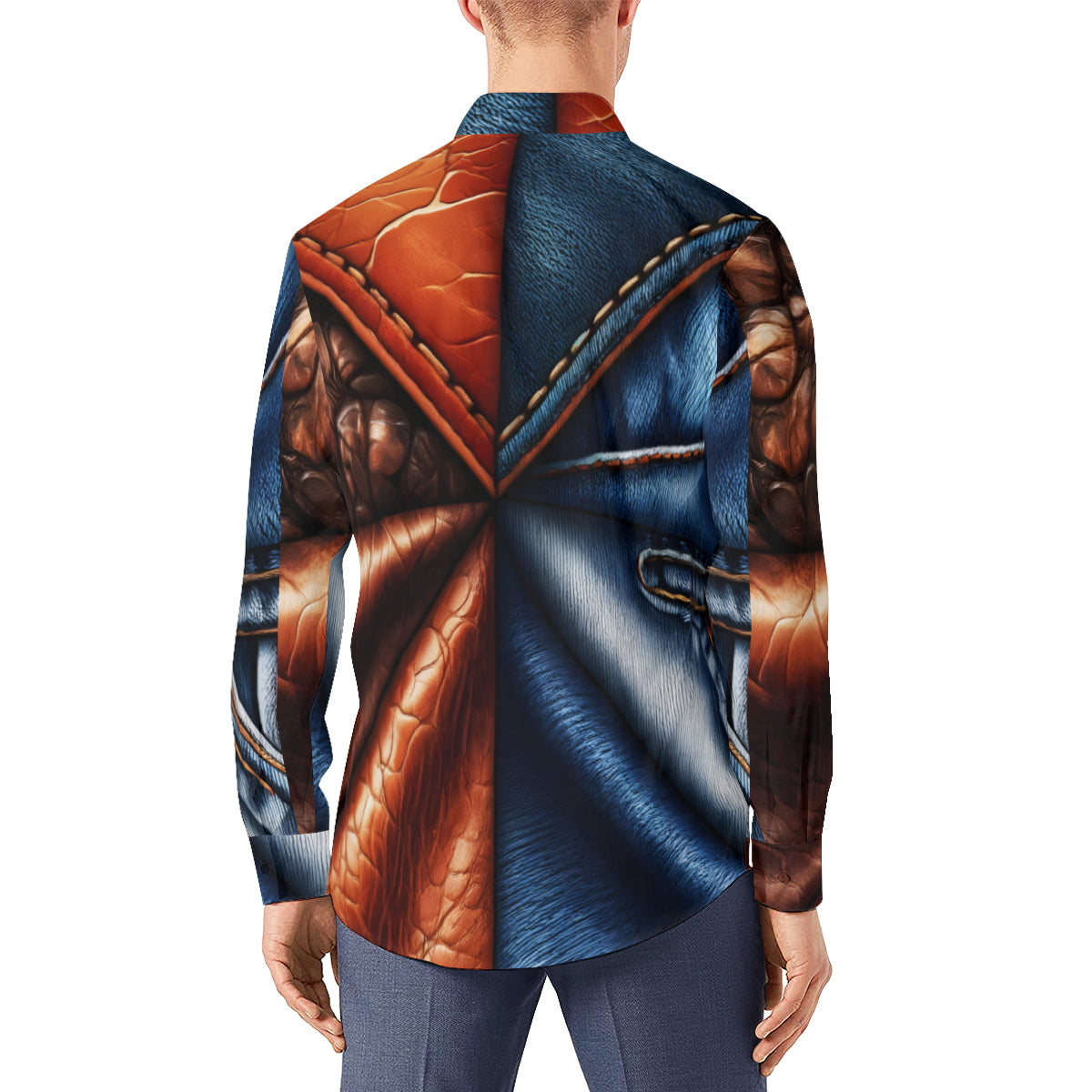 Denim And Leather Design Long Sleeves Men's Shirt