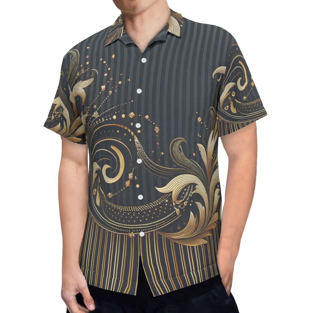 Elegant Black And Gold Short Sleeves Men's Shirt