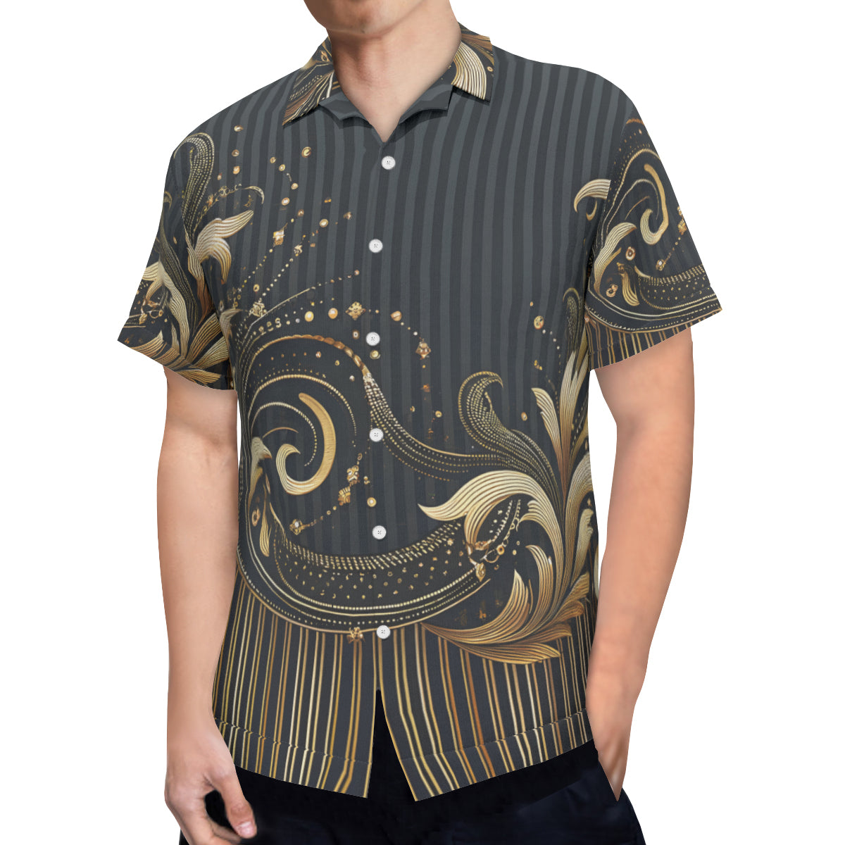 Elegant Black And Gold Short Sleeves Men's Shirt