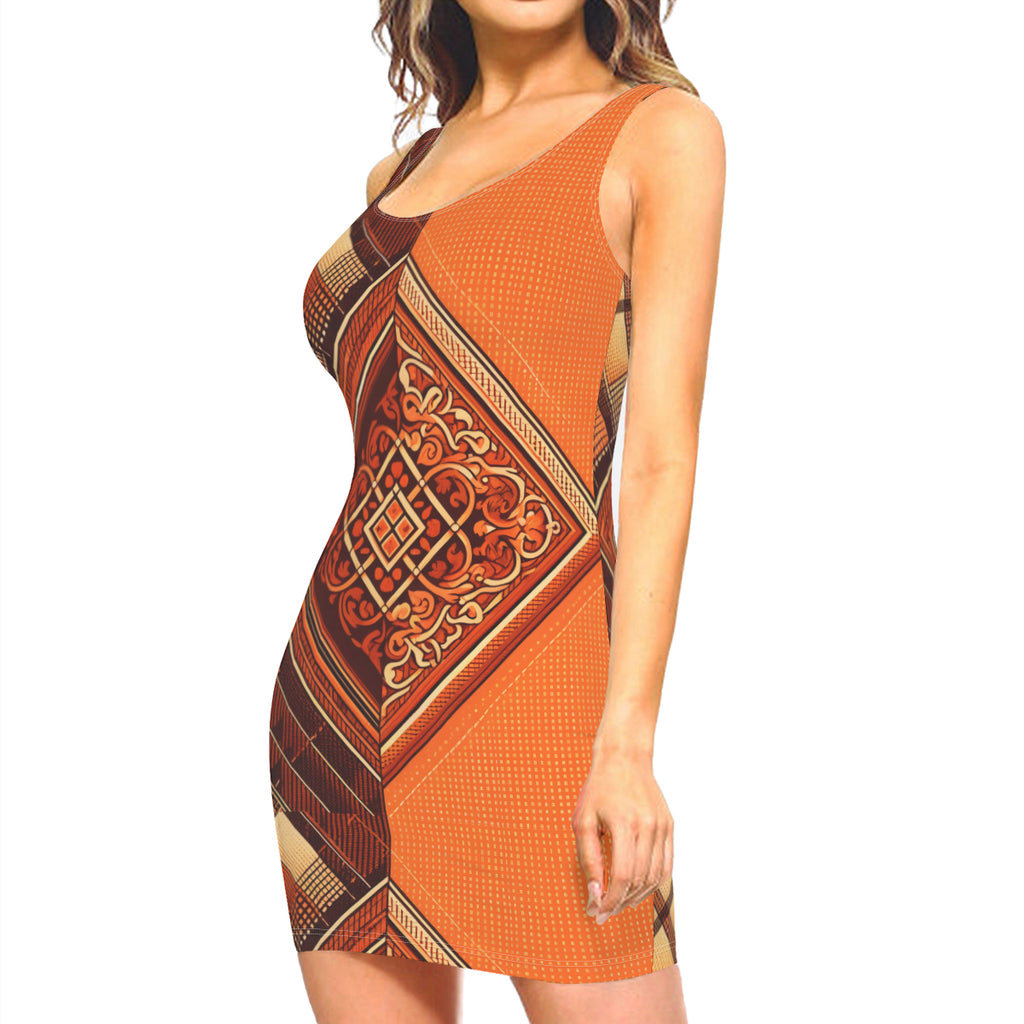 Elegant Orange Sleeveless Slim-Fit Euro-Size Tank Slip Dress | Polyester