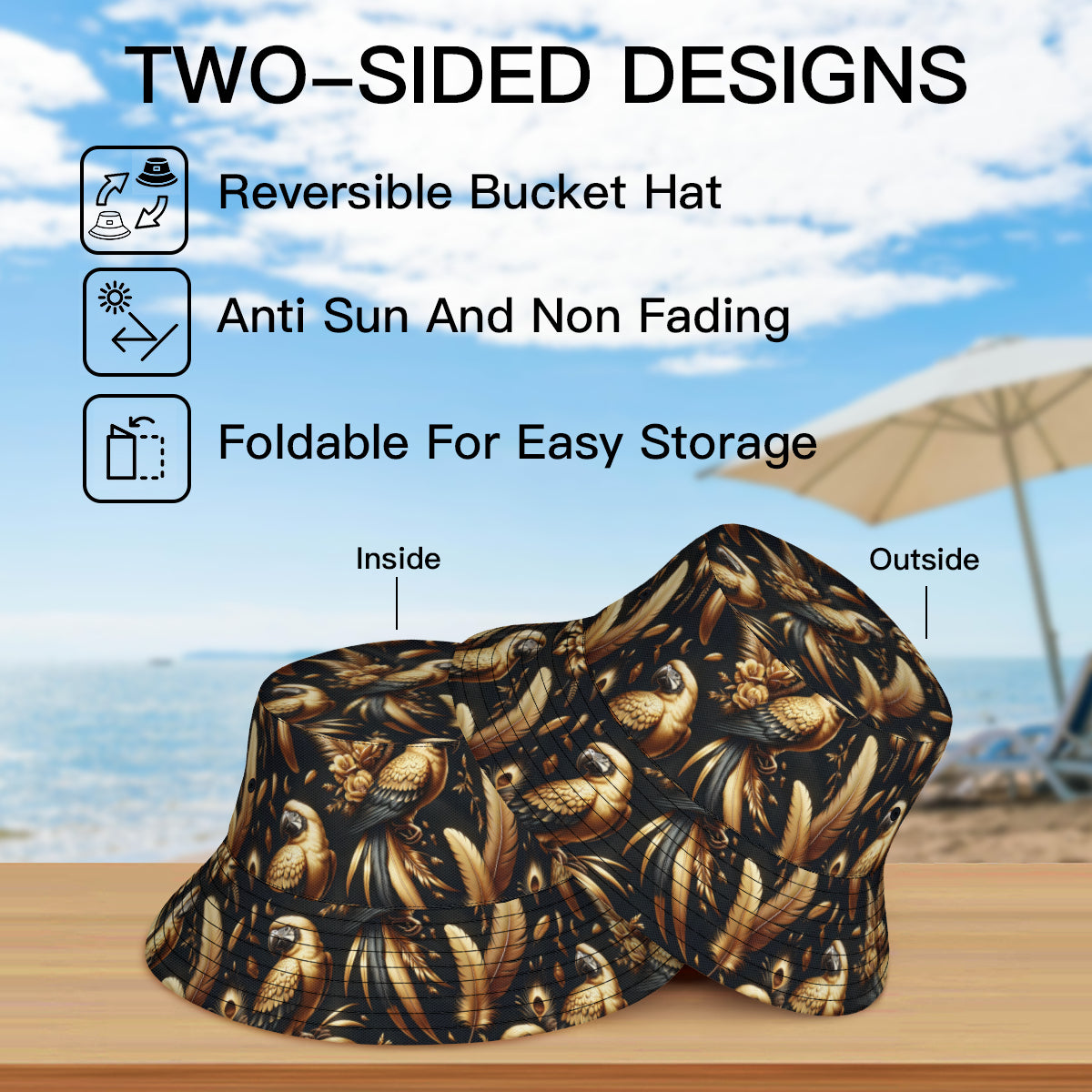 Golden Parrots Double-Sided Unisex Polyester Bucket Hat